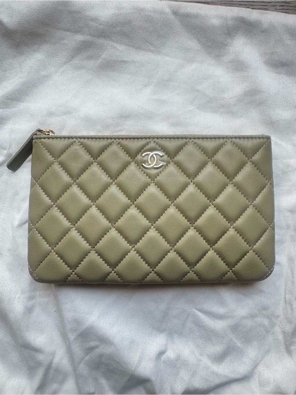 CHANEL Quilted Olive Green Leather Zip Wristlet Pouch